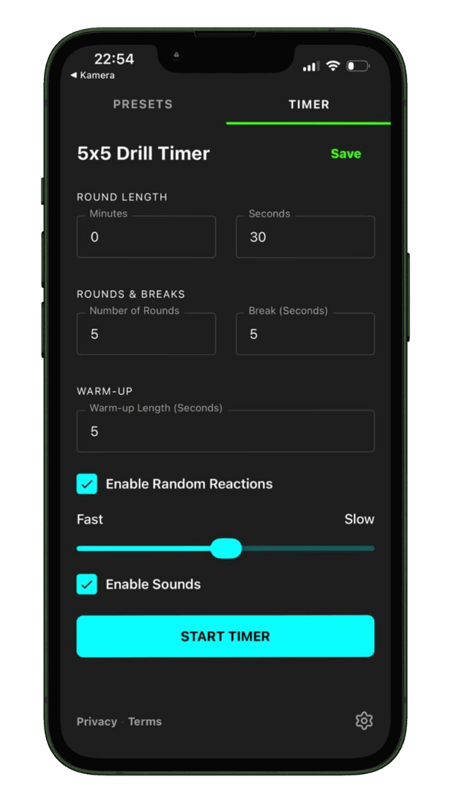 BJJ Timer configuration screen
