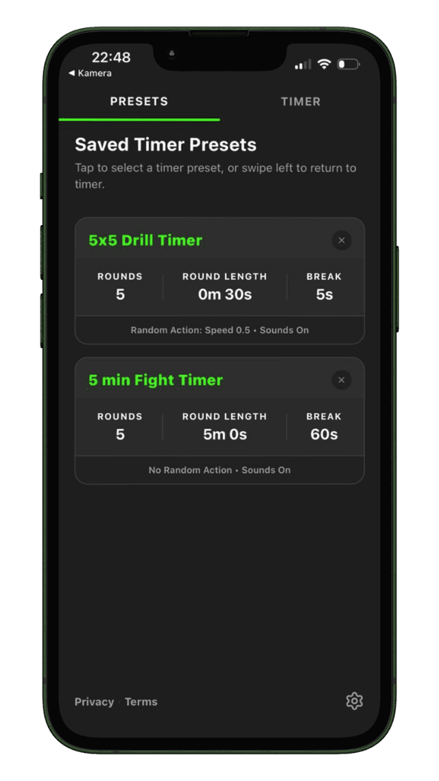 BJJ Timer presets screen